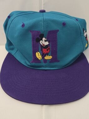 Vintage 90s Mickey Mouse Snapback Hat Teal Purple Fresh Caps Disney Drew Pearson